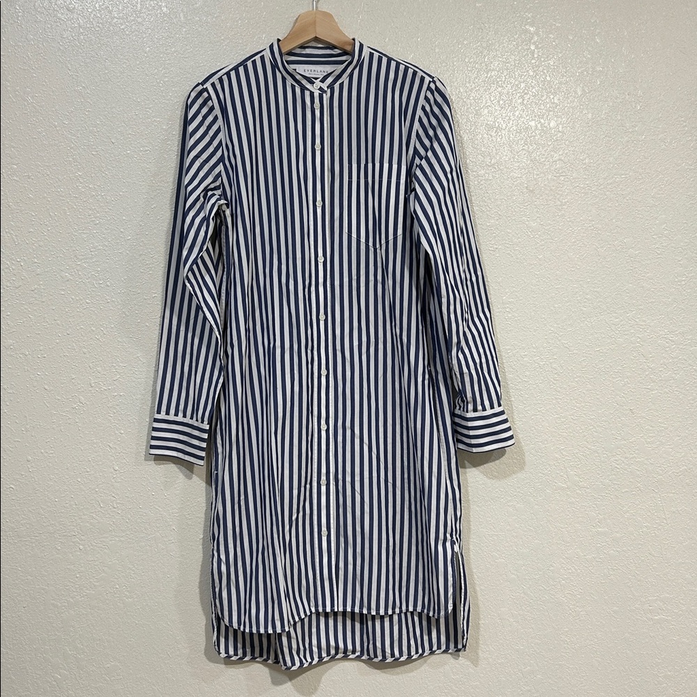 EVERLANE WOMENS NAVY WHITE STRIPED LONG SLEEVE BUTTONS RELAXED SHIRT DRESS Sz 6
